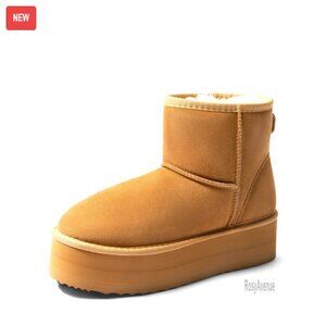 Genuine Suede Platform Ankle Boots with Faux Fur Lining Memory Foam